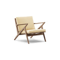 DK3 Z Chair in Balmoral White 02 and Walnut, fabric lounge chair with a Z-shaped solid wood frame, angled view on white
