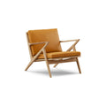 DK3 Z Chair in Rio Leather Cognac 2488 and Oiled Oak, leather lounge chair with a Z-shaped solid wood frame, angled view on white