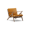 DK3 Z Chair in Rio Leather Cognac 2488 and Walnut, leather lounge chair with a Z-shaped solid wood frame, angled view on white