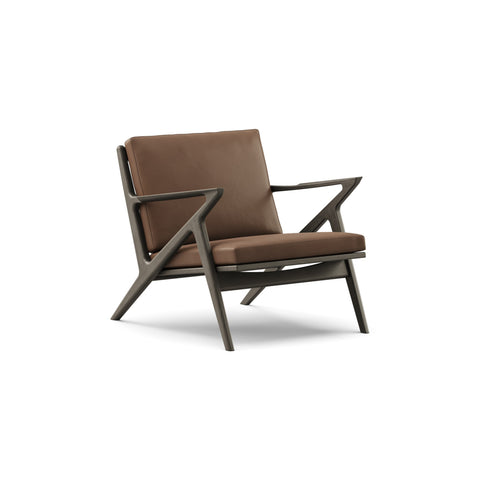 DK3 Z Chair in Rio Leather Mocca 2880 and Black Lacquered Oak, leather lounge chair with a Z-shaped solid wood frame, angled view on white