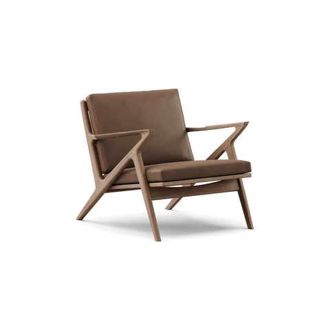 DK3 Z Chair in Rio Leather Mocca 2880 and Walnut, leather lounge chair with a Z-shaped solid wood frame, angled view on white