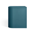Blu Dot Dally Nightstand in space blue, side view showing powder-coated steel base with curved edges and painted ash veneer top