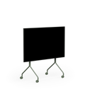 Pedestal Moon TV Stand in Mossy Green, rolling TV stand on wheels holding a flat screen TV, on a plain white background