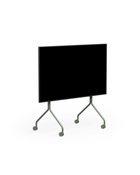 Pedestal Moon TV Stand in Mossy Green, rolling TV stand on wheels holding a flat screen TV, on a plain white background