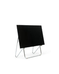 Pedestal Bloom TV Stand in Chrome, easel style TV stand holding a flat screen TV, on a plain white background