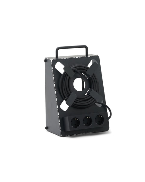 Pedestal Cable Stand in Charcoal, steel stand holding a power bar upright, on a plain white background