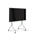Pedestal Moon Tall TV Stand in Mossy Green, tall rolling TV stand on wheels holding a flat screen TV, on a plain white background