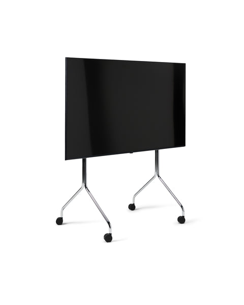 Pedestal Moon Tall TV Stand in Chrome, tall rolling TV stand on wheels holding a flat screen TV, on a plain white background