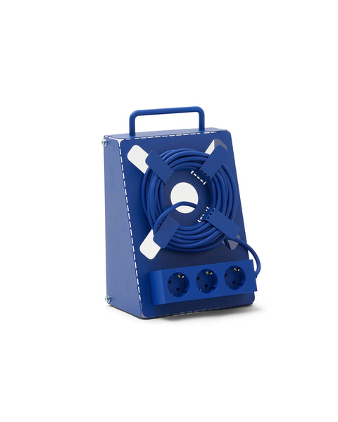 Pedestal Cable Stand in Ultra Marine, steel stand holding a power bar upright, on a plain white background