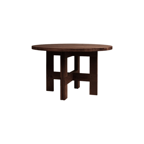 Frama Farmhouse Trestle Table in Dark Oak, round dark oak top on a crossed trestle base, three quarter view on white