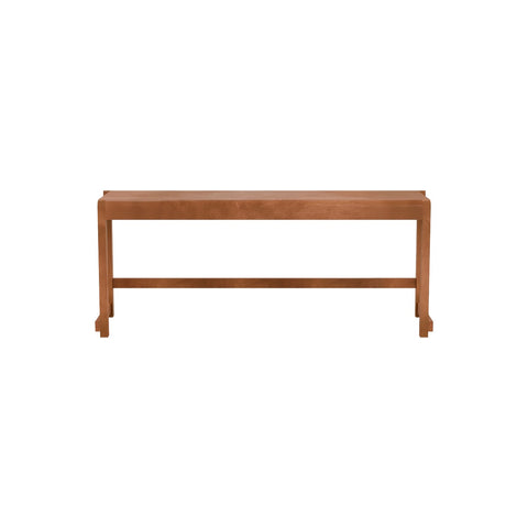 Frama Bench 01 in Warm Brown Birch, reddish brown birch bench with a plank seat, low stretcher and stepped feet, front view