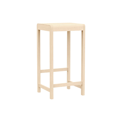 Frama Stool 01 in Natural Birch, taller bar height stool in pale birch with long square legs and a low stretcher frame