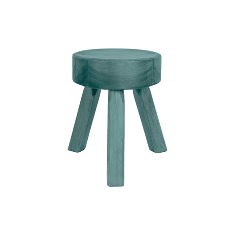 Frama AML Stool in Green Pine, green stained stool with a round seat and three tapered legs, side view on a pale ground