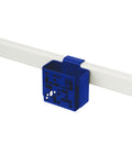 Pedestal Remote Box Mount in Ultra Marine, perforated aluminium remote box on a stand tube, on a plain white background