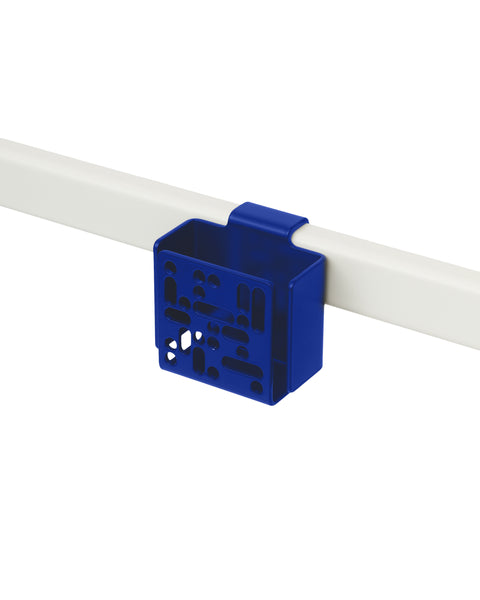 Pedestal Remote Box Mount in Ultra Marine, perforated aluminium remote box on a stand tube, on a plain white background