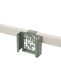 Pedestal Apple TV Mount in Mossy Green, perforated steel Apple TV bracket on a stand tube, on a plain white background