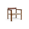Frama Symmetry Easy Chair in Oat Fabric and Honey Ash, low ash armchair with square legs and a woven oat strap seat, front view on white