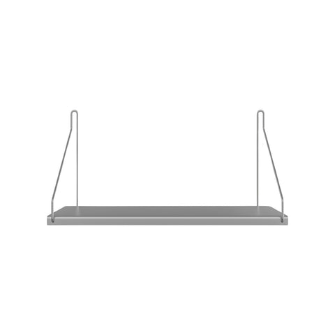 Frama Single Shelf, Stainless Steel, short steel shelf on two thin wire brackets, seen straight on against a pale wall