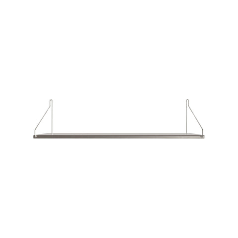 Frama Single Shelf, Stainless Steel, wide shallow shelf with a thin steel plate and two wire supports, straight on view