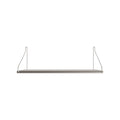 Frama Single Shelf, Stainless Steel, shallow steel shelf with wire brackets angling back to the wall, plain background