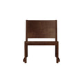 Frama Easy Chair 01 in Dark Brown Birch, low lounge chair with a wide flat back panel and sled legs, seen from the front on white