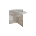Frama Rivet Side Table in Aluminum, folded metal side table with a half round top over a curved panel, angled view on white