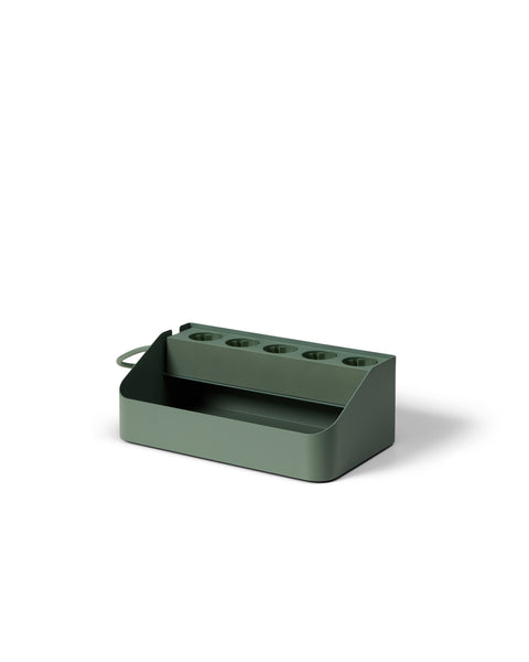 Pedestal Power Beam Tray in Mossy Green, steel cable tray holding a power beam, on a plain white background