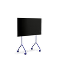 Pedestal Moon Light TV Stand in Ultra Marine, compact TV floor stand holding a flat screen TV, on a plain white background