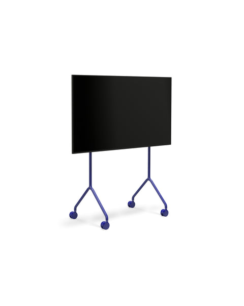 Pedestal Moon Light TV Stand in Ultra Marine, compact TV floor stand holding a flat screen TV, on a plain white background