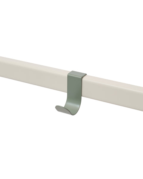 Pedestal Hook Mount in Mossy Green, aluminium accessory hook on a stand tube, on a plain white background