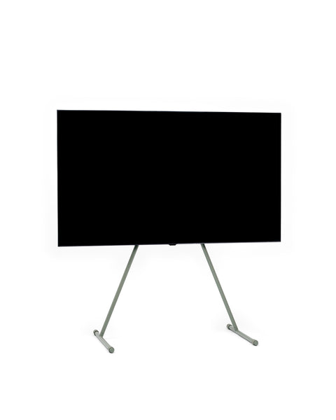 Pedestal Viva TV Stand in Mossy Green, TV floor stand holding a flat screen TV, on a plain white background
