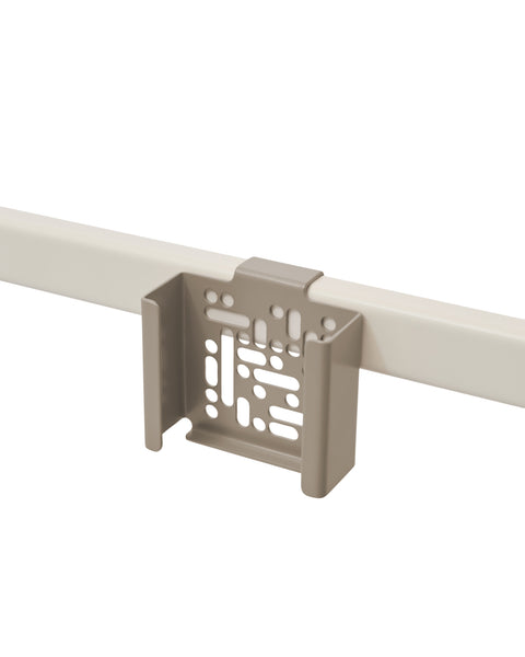 Pedestal Apple TV 4K Mount in Oat, perforated steel Apple TV bracket on a stand tube, on a plain white background