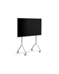 Pedestal Moon Light TV Stand in Mossy Green, compact TV floor stand holding a flat screen TV, on a plain white background