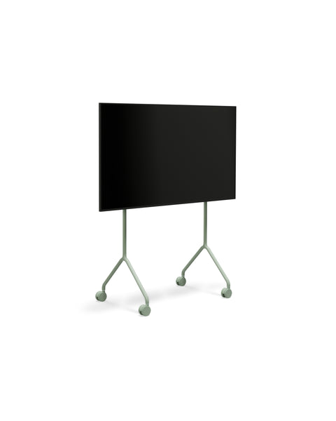 Pedestal Moon Light TV Stand in Mossy Green, compact TV floor stand holding a flat screen TV, on a plain white background