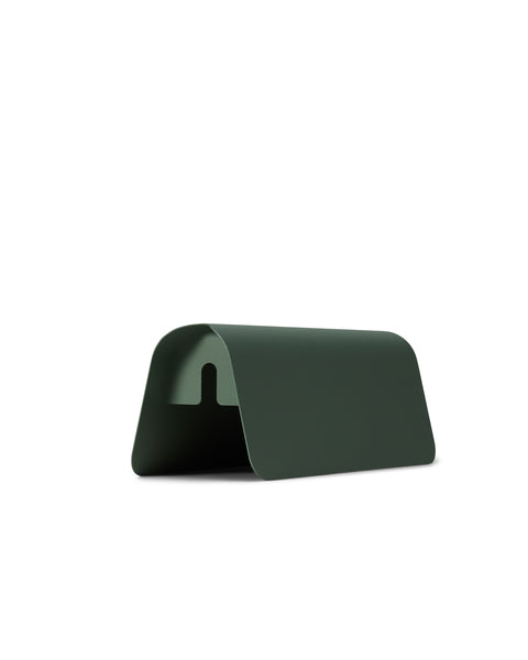 Pedestal Power Shell in Mossy Green, steel cover closed over a power beam, on a plain white background
