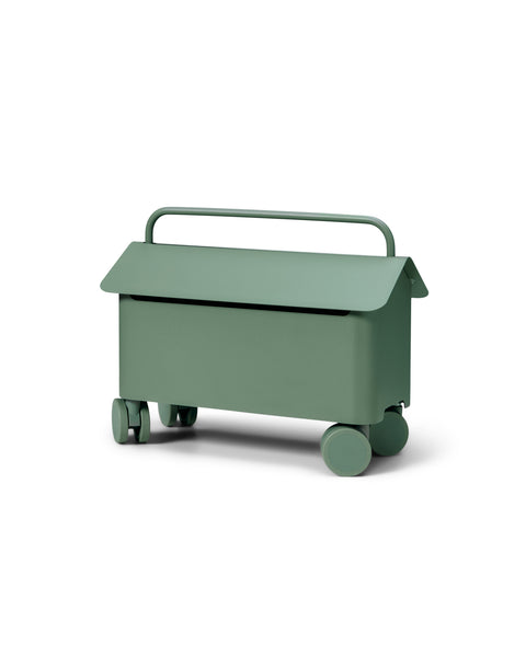 Pedestal Cable Villa in Mossy Green, cable management box on wheels, on a plain white background