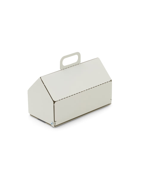 Pedestal Cable House in Pearl, steel cable management box with a carrying handle, on a plain white background