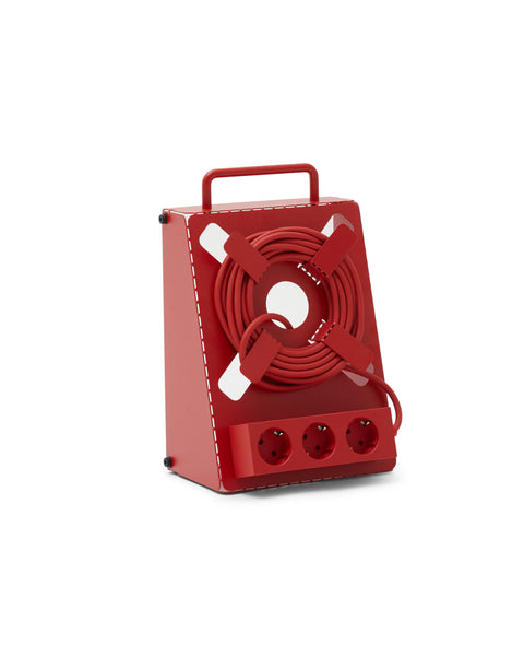 Pedestal Cable Stand in Fire Red, steel stand holding a power bar upright, on a plain white background