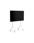 Pedestal Moon Light TV Stand in Pearl, compact TV floor stand holding a flat screen TV, on a plain white background