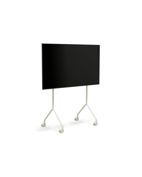 Pedestal Moon Light TV Stand in Pearl, compact TV floor stand holding a flat screen TV, on a plain white background