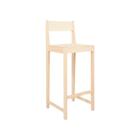 Frama Bar Chair 01 in Natural Birch, taller bar height chair in pale birch with long legs and a footrest brace on white