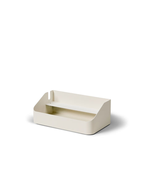 Pedestal Power Beam Tray in Pearl, steel cable tray holding a power beam, on a plain white background