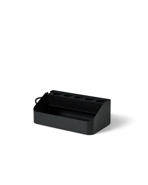 Pedestal Power Beam Tray in Charcoal, steel cable tray holding a power beam, on a plain white background