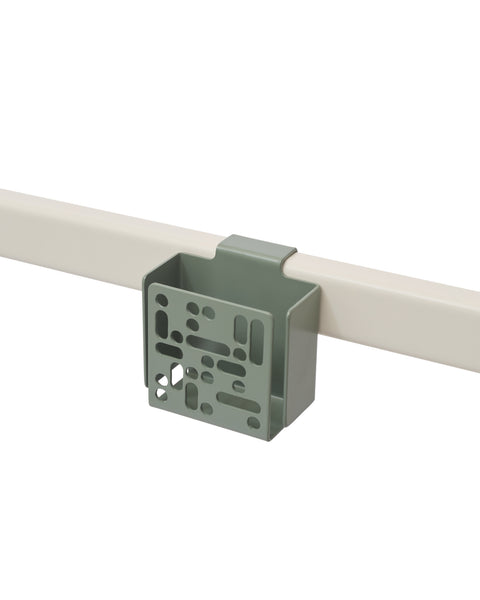 Pedestal Remote Box Mount in Mossy Green, perforated aluminium remote box on a stand tube, on a plain white background
