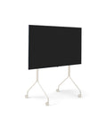 Pedestal Moon Tall TV Stand in Pearl, tall rolling TV stand on wheels holding a flat screen TV, on a plain white background