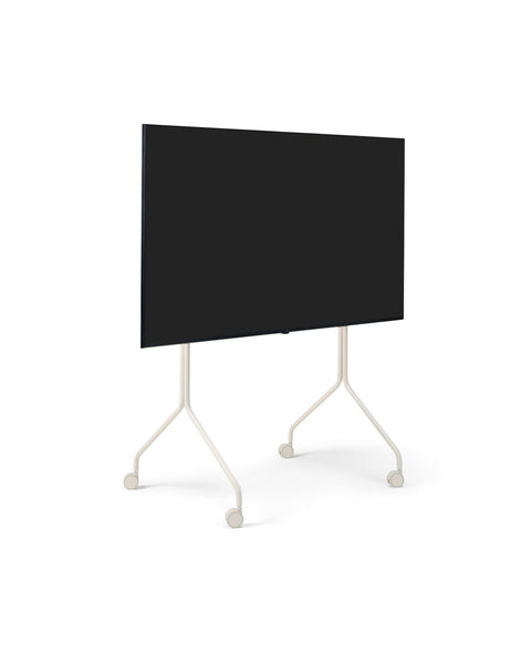 Pedestal Moon Tall TV Stand in Pearl, tall rolling TV stand on wheels holding a flat screen TV, on a plain white background