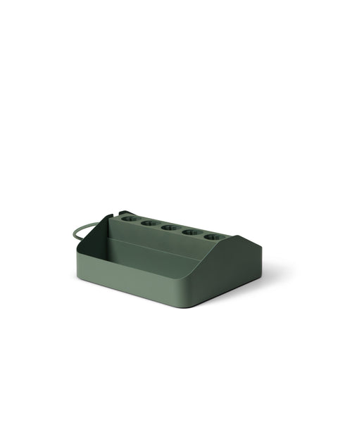 Pedestal Power Beam Tray Double in Mossy Green, two-compartment steel cable tray with a power beam, on a plain white background