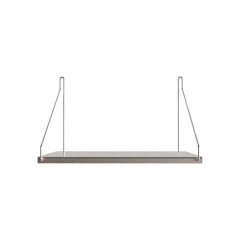 Frama Single Shelf, Stainless Steel, narrow shelf with a deeper plate, wire brackets rising to the wall fixings