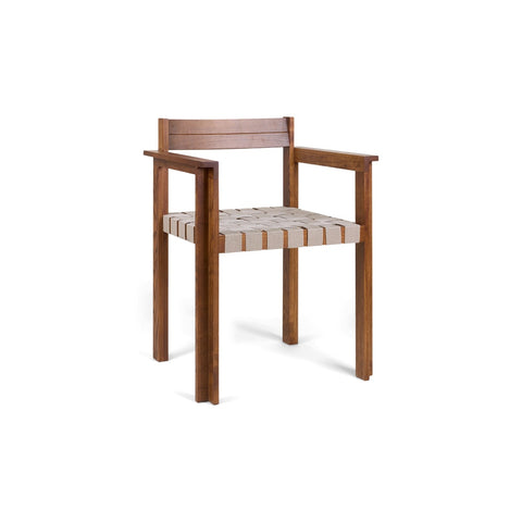 Frama Symmetry Armrest Chair in Oat Fabric and Honey Ash, ash chair with woven oat webbing seat and a flat back rail, front view on white