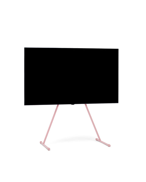 Pedestal Viva TV Stand in Bubble Gum, TV floor stand holding a flat screen TV, on a plain white background